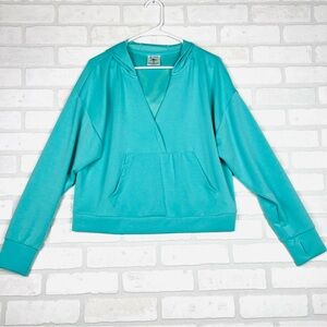 Crane Womens Teal Crossover V-Neck Hoodie Thumbhole Cuffs Modal Blend Size M